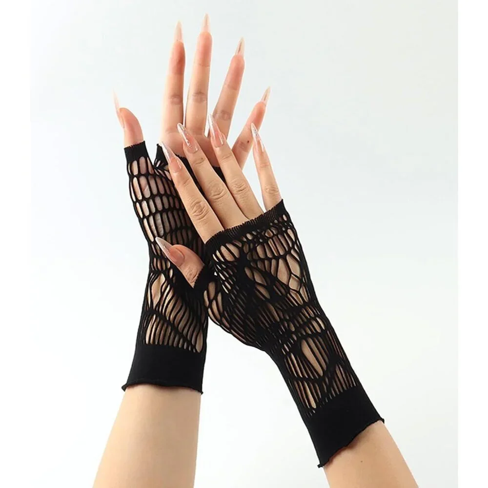 Women's Fishing Halloween Black 12 Net Gloves Fingerless Gothic Accessories